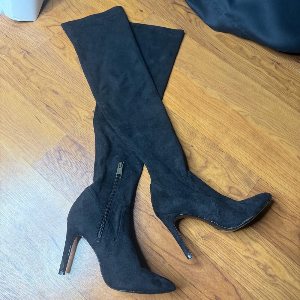 Joie Faux Suede Black High Over The Knee Heel Boots 36 High Heeled Shoes Zipper